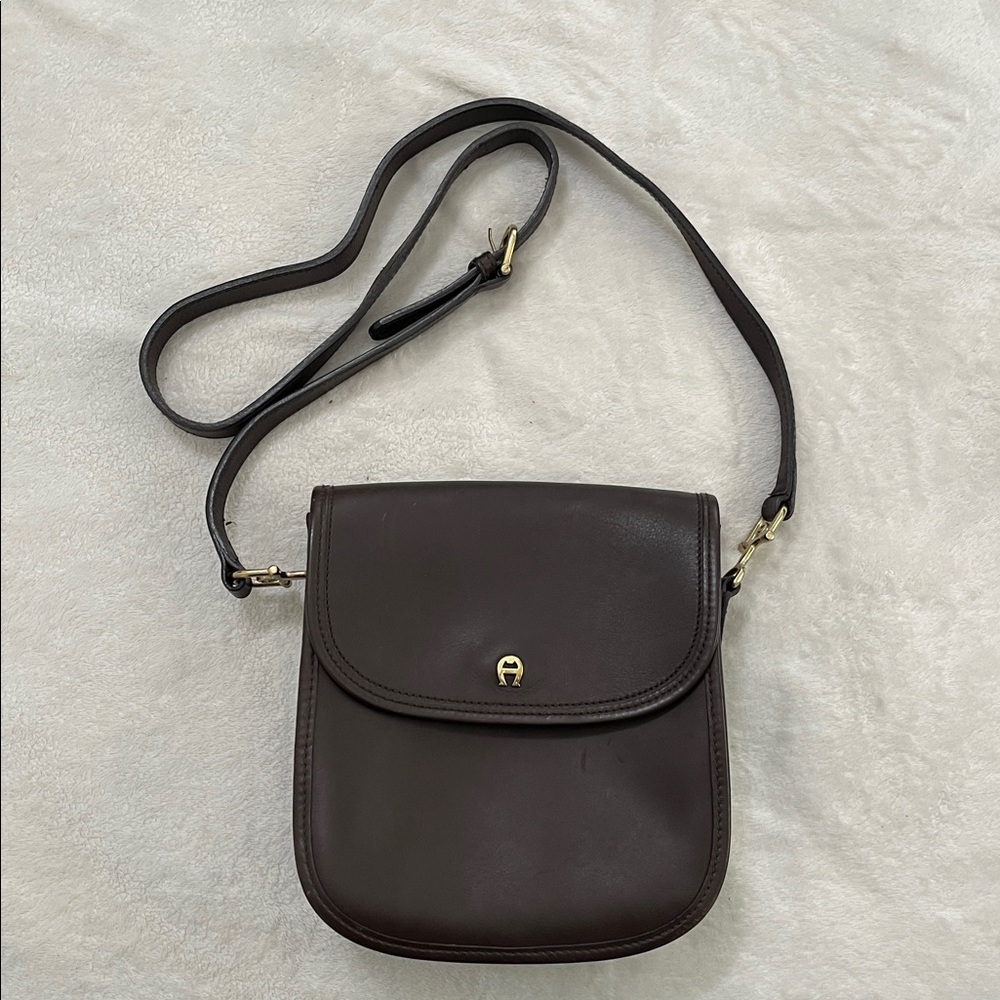 Etienne Aigner Dark Brown Leather Crossbody Saddle Bag with Gold Details
